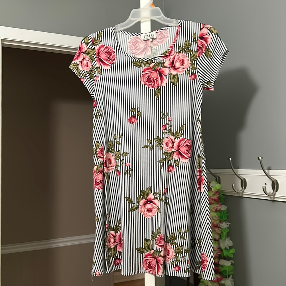 TMG dress, navy and white striped with pink rose designs, Women’s size Medium